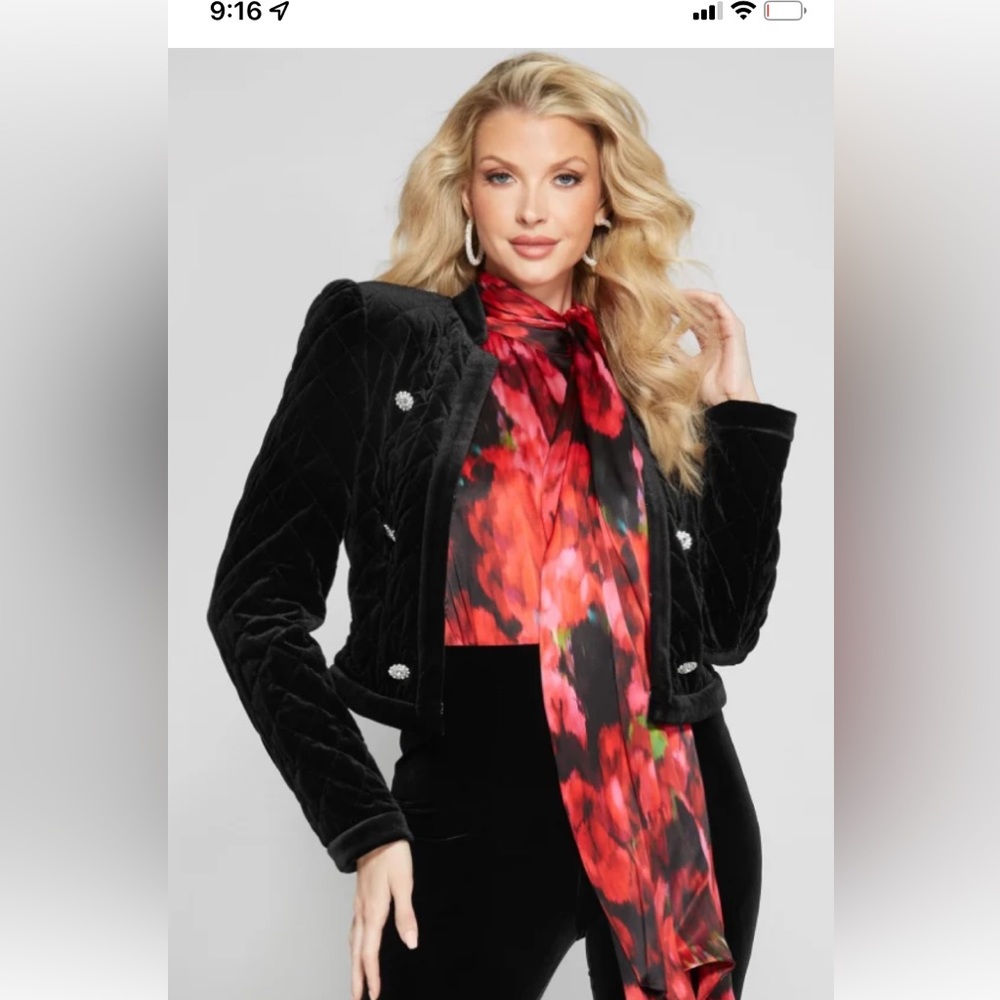 Marciano Crop Black Velvet Jacket with Silver Buttons - Size M